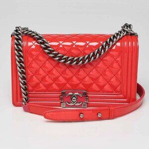 Chanel Dark Pink Quilted Patent Leather Medium Plexiglass Boy Bag